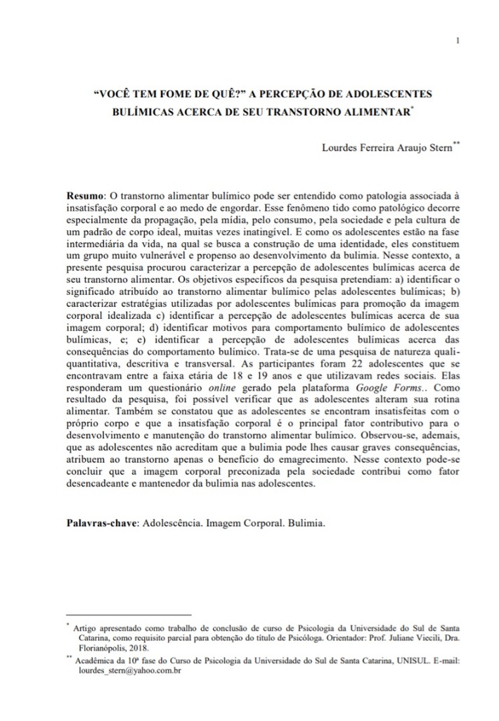 Você tem fome de quê? A percepção de adolescentes bulimicas acerca de seu transtorno alimentar