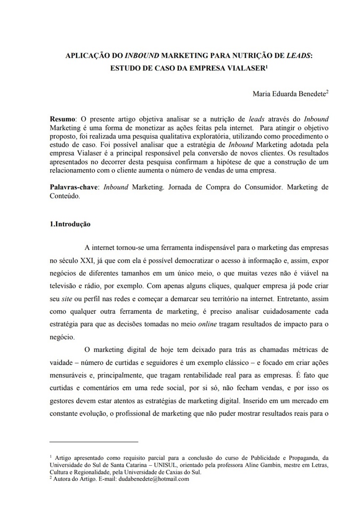 Aplicação do Inbound Marketing para nutrição de leads: estudo de caso da empresa Vialaser