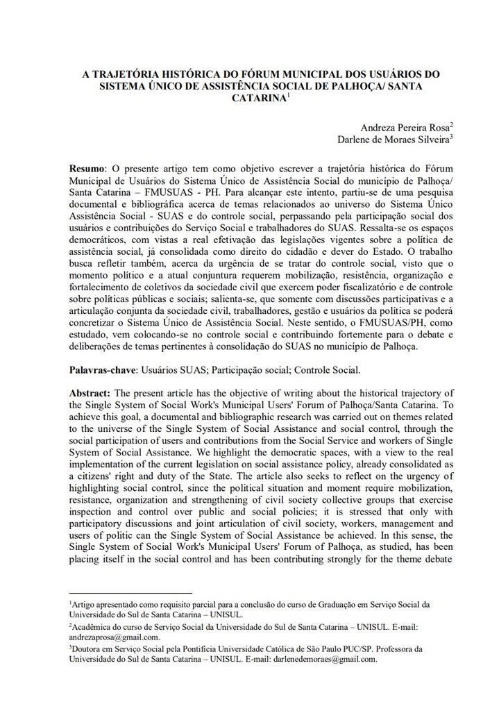 A trajetória histórica do Fórum Municipal de usuários do Sistema Único de Assistência Social de Palhoça/ Santa Catarina