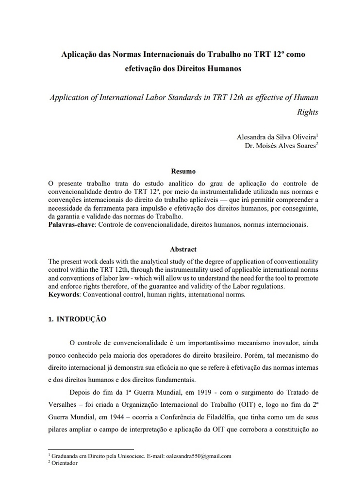 Aplicação das Normas Internacionais do Trabalho no TRT 12º como efetivação dos Direitos Humanos