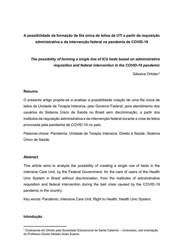 A possibilidade da formação de fila única de leitos de UTI a partir da requisição administrativa e da intervenção federal na pandemia de COVID-19