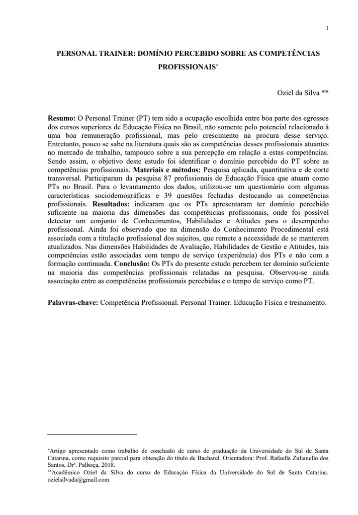 Personal trainer: domínio percebido sobre as competências profissionais