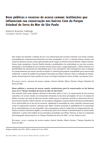 Bens públicos e recursos de acesso comum: instituições que influenciam sua conservação nos bairros Cota do Parque Estadual da Serra do Mar de São Paulo