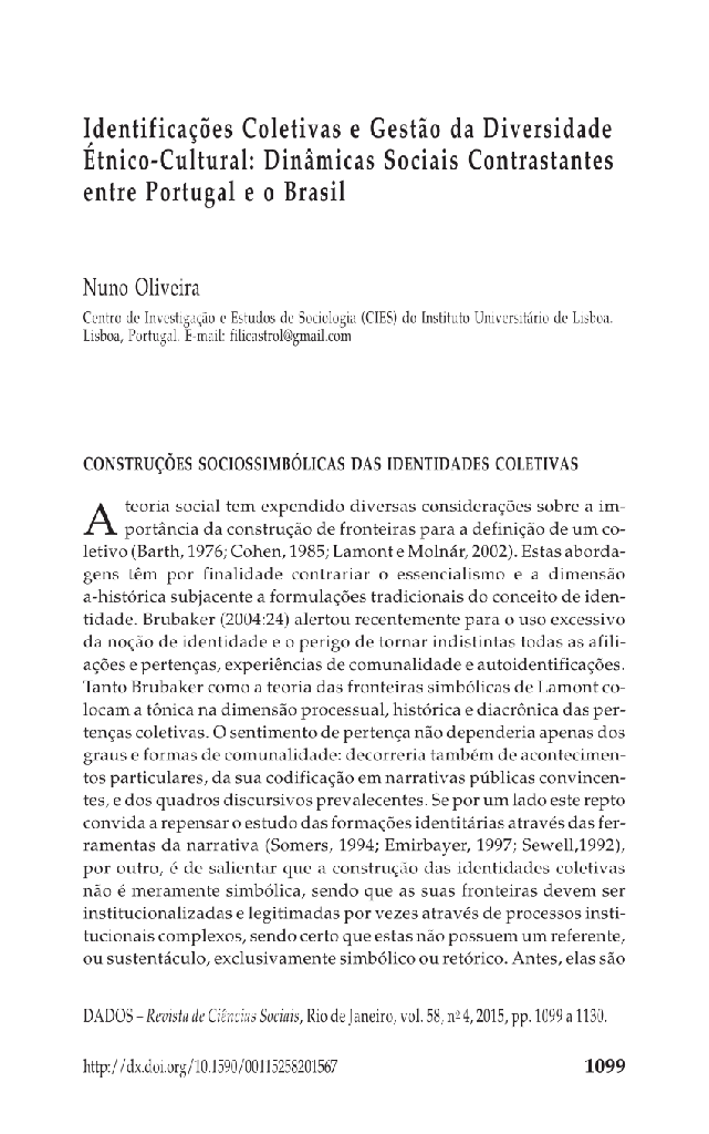 Identificações Coletivas e Gestão da Diversidade Étnico-Cultural: Dinâmicas Sociais Contrastantes entre Portugal e o Brasil