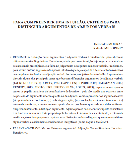 PARA COMPREENDER UMA INTUIÇÃO: CRITÉRIOS PARA DISTINGUIR ARGUMENTOS DE ADJUNTOS VERBAIS