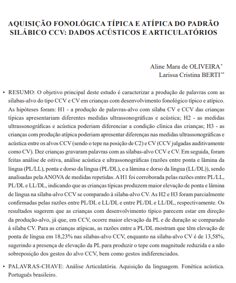 AQUISIÇÃO FONOLÓGICA TÍPICA E ATÍPICA DO PADRÃO SILÁBICO CCV: DADOS ACÚSTICOS E ARTICULATÓRIOS