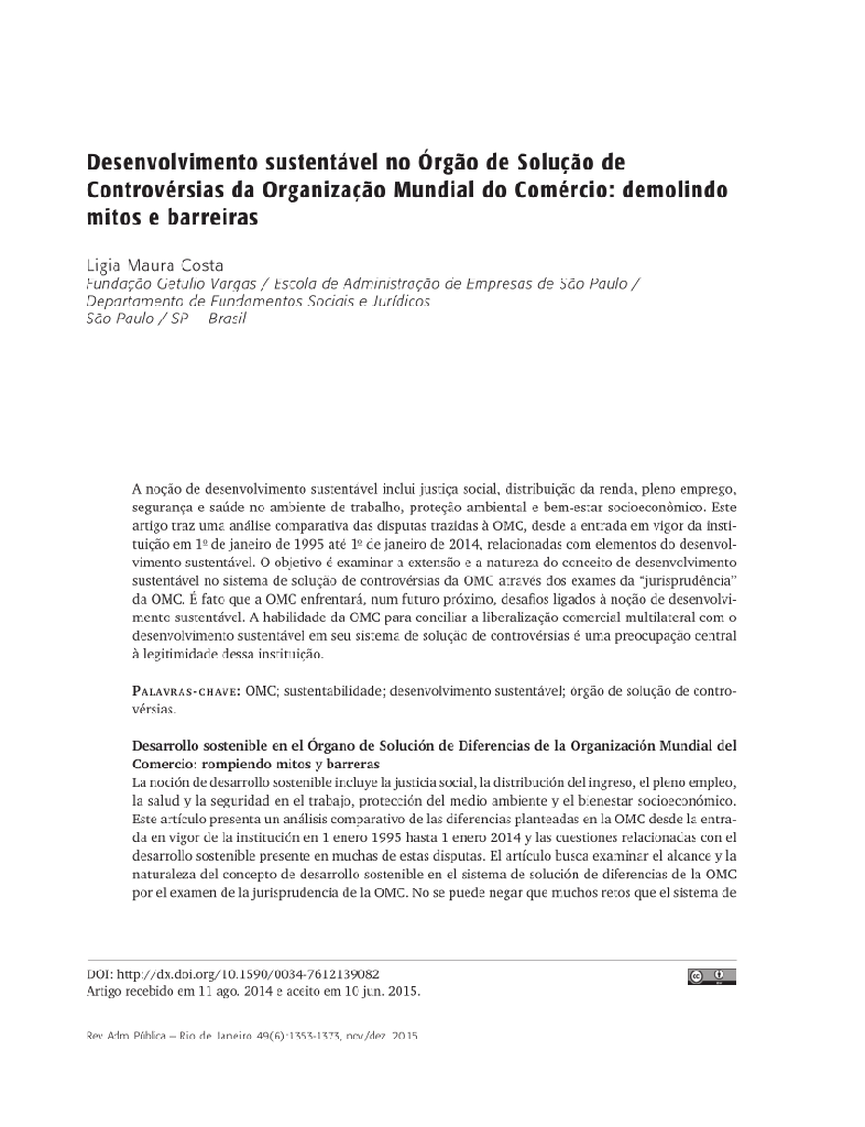Desenvolvimento sustentável no Órgão de Solução de Controvérsias da Organização Mundial do Comércio: demolindo mitos e barreiras