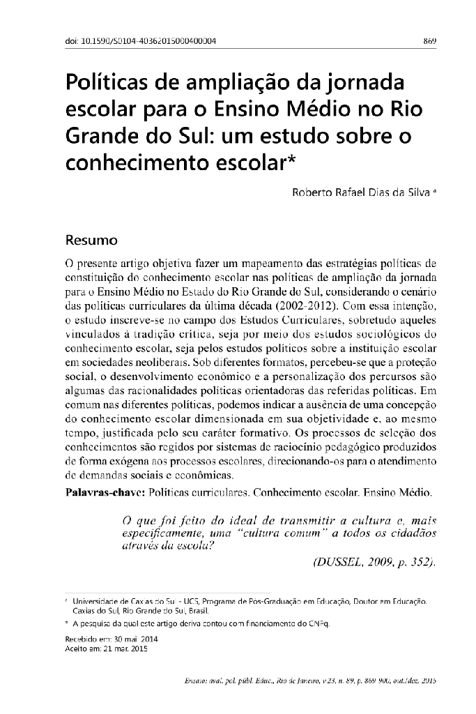 Políticas de ampliação da jornada escolar para o Ensino Médio no Rio Grande do Sul: um estudo sobre o conhecimento escolar