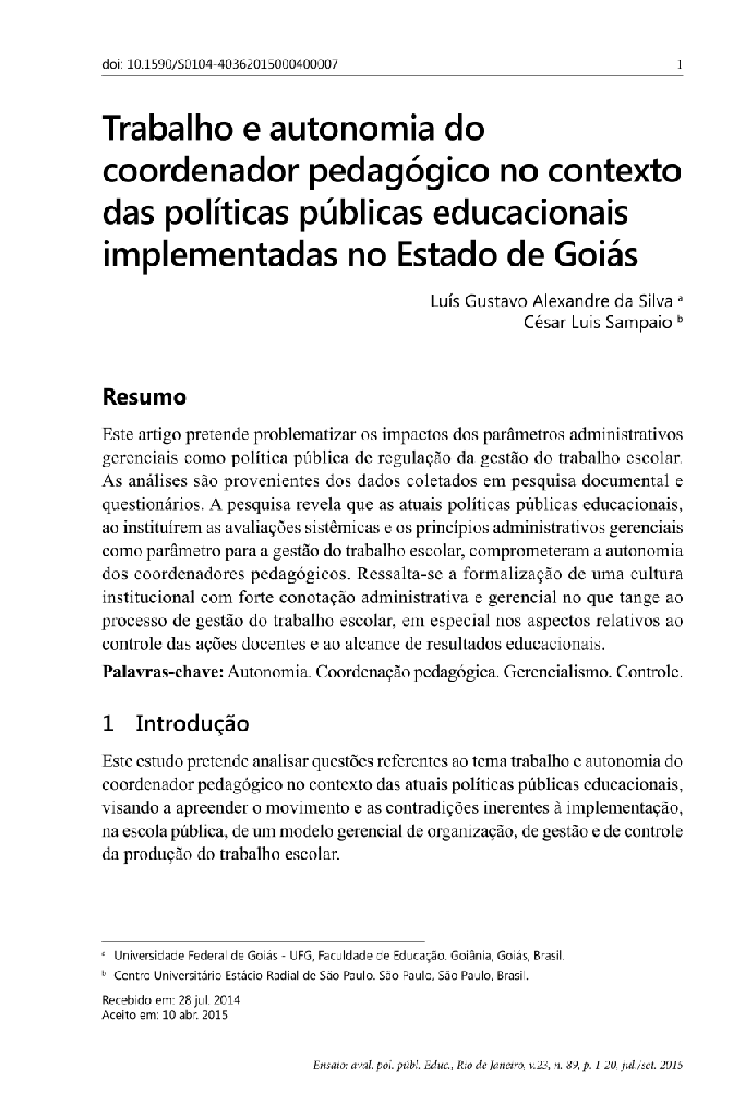Trabalho e autonomia do coordenador pedagógico no contexto das políticas públicas educacionais implementadas no Estado de Goiás