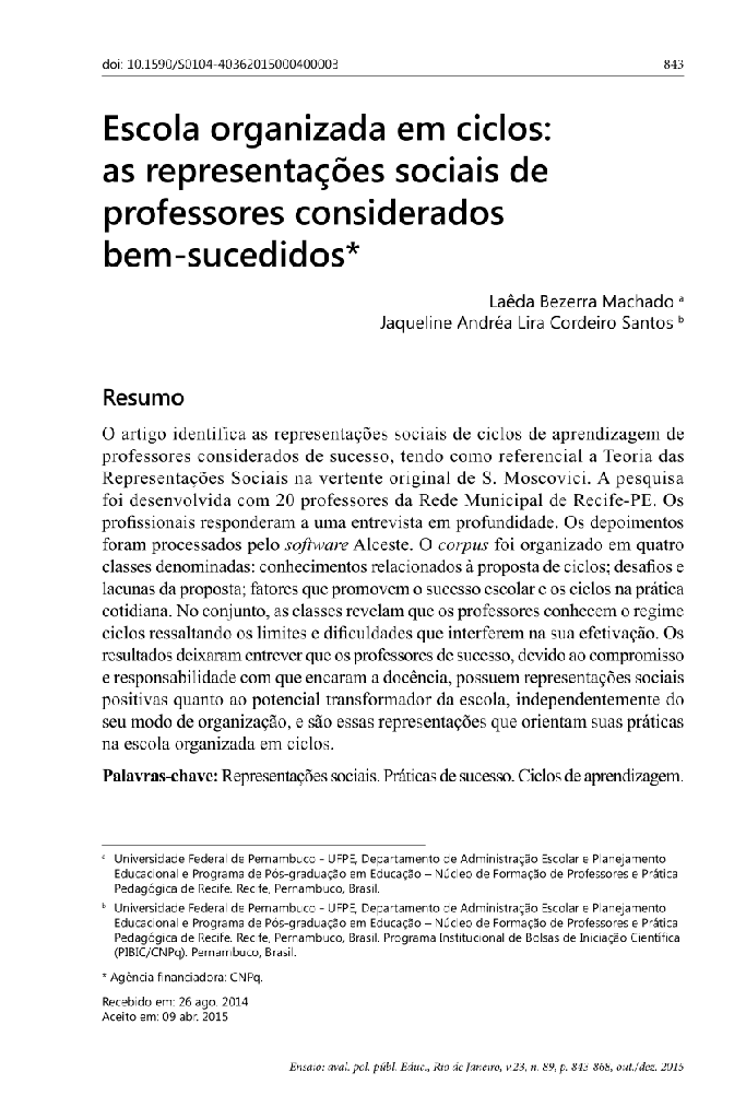Escola organizada em ciclos: as representações sociais de professores considerados bem-sucedidos