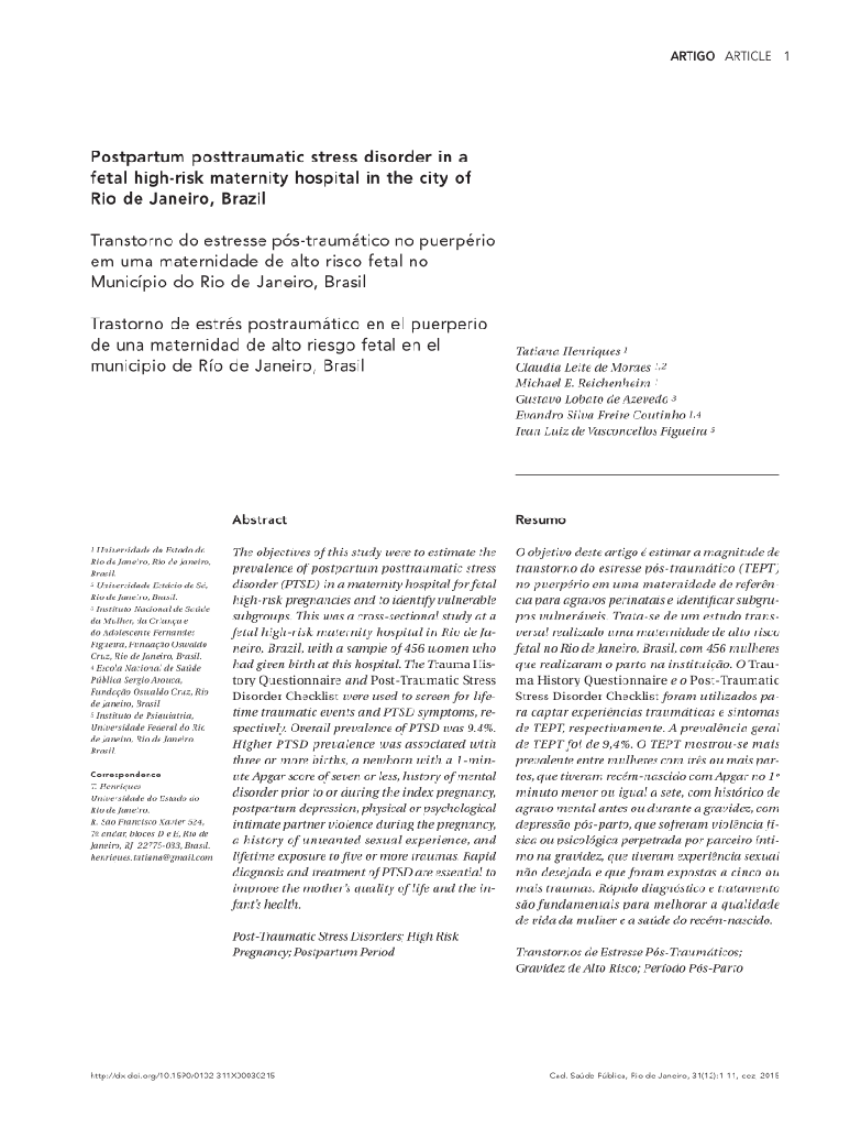 Transtorno do estresse pós-traumático no puerpério em uma maternidade de alto risco fetal no Município do Rio de Janeiro, Brasil