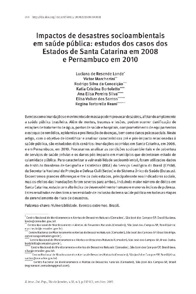 Impactos de desastres socioambientais em saúde pública: estudos dos casos dos Estados de Santa Catarina em 2008 e Pernambuco em 2010