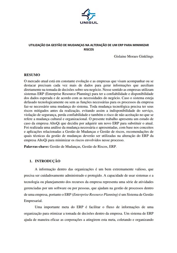 Utilização da gestão de mudanças na alteração de um ERP para minimizar riscos