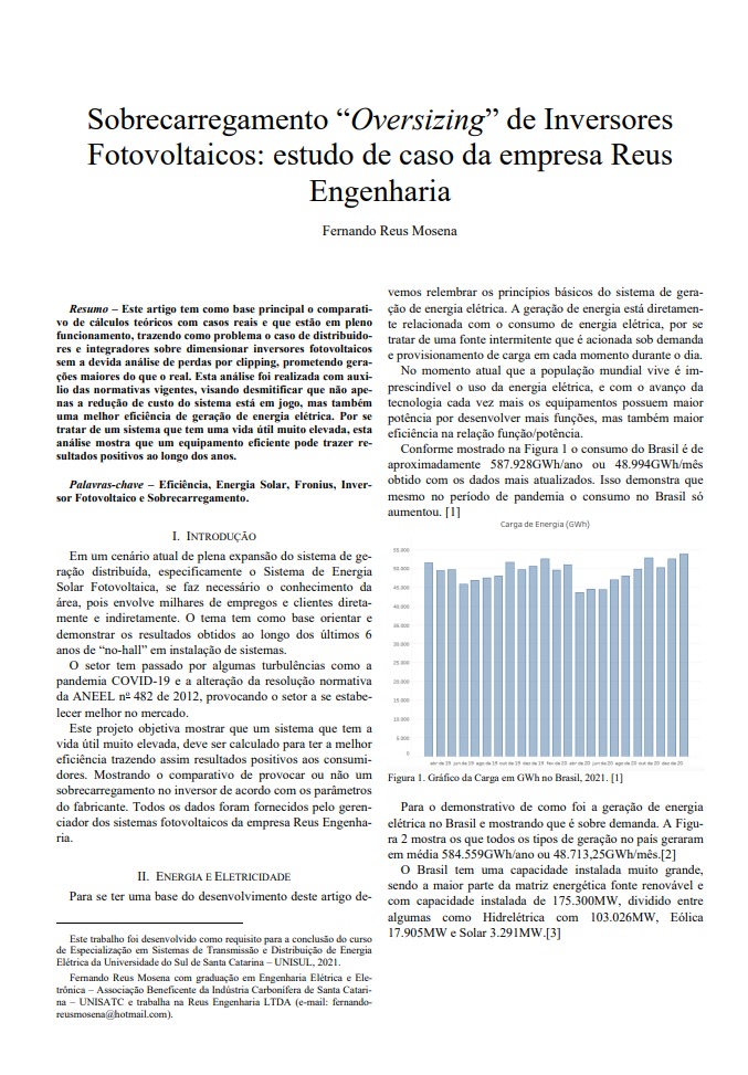 Sobrecarregamento “Oversizing” de Inversores Fotovoltaicos: estudo de caso da empresa Reus Engenharia