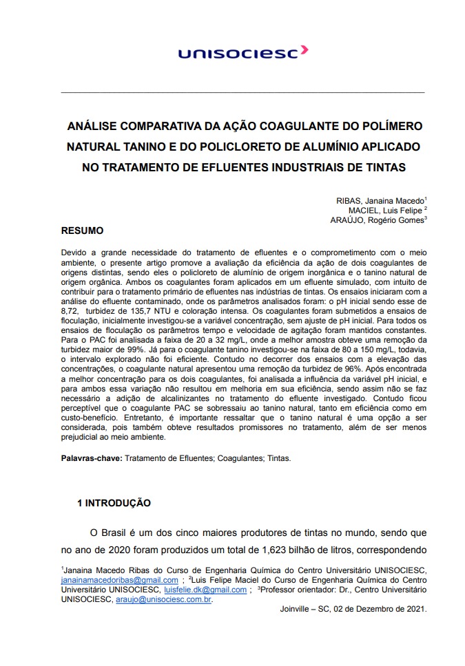 Análise comparativa da ação coagulante do polímero natural tanino e do policloreto de alumínio aplicado no tratamento de efluentes industriais de tintas