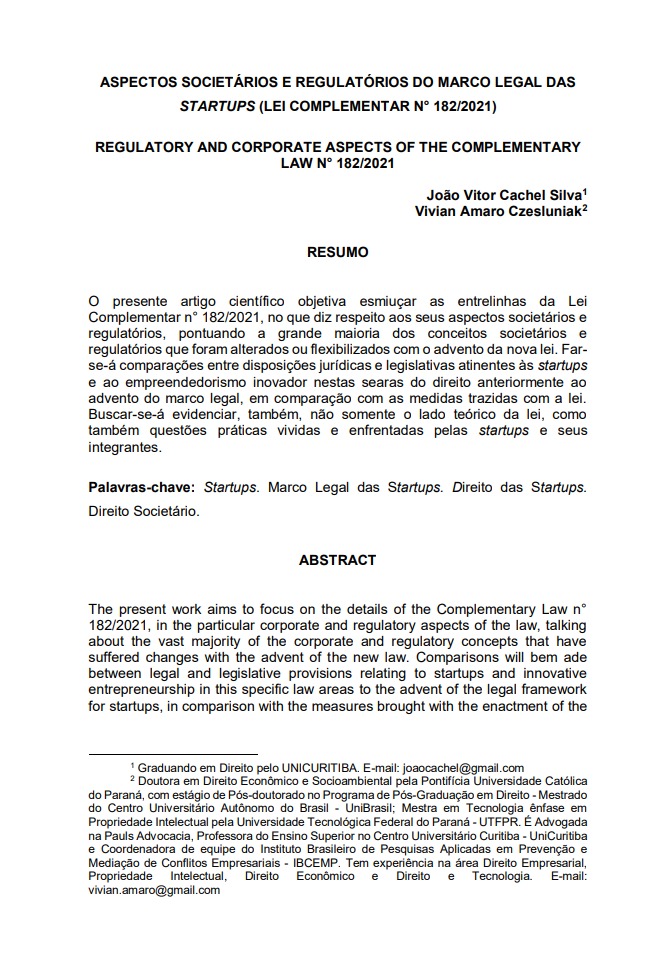 Aspectos societários e regulatórios do marco legal das startups (lei complementar n° 182/2021)