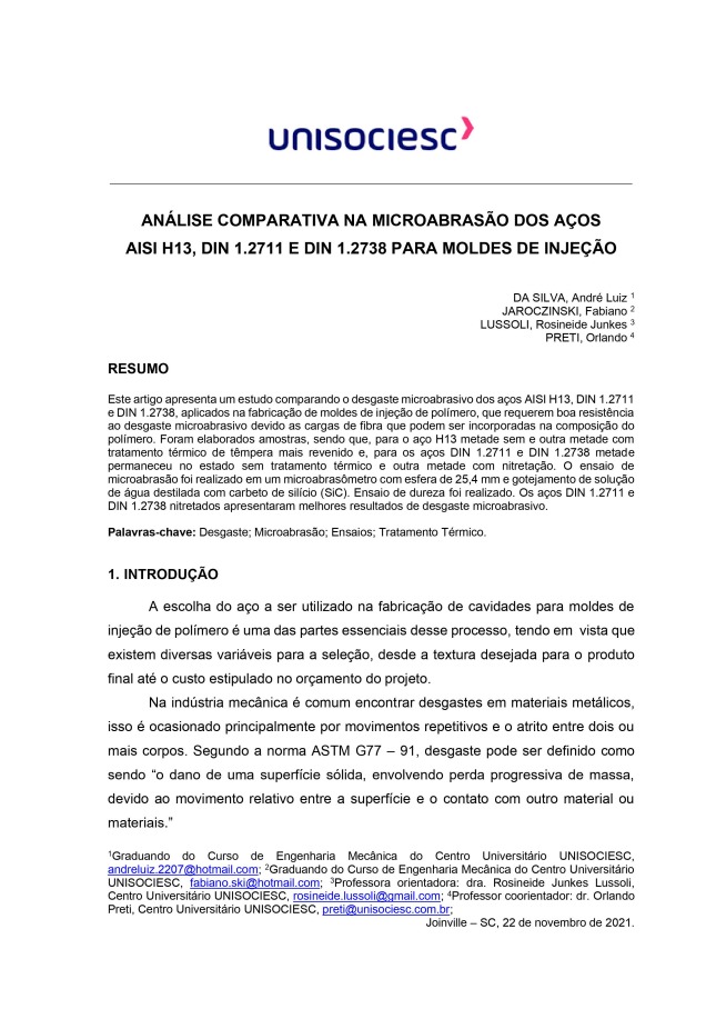 Análise comparativa na microabrasão dos aços AISI H13, DIN 1.2711 e DIN 1.2738 para moldes de injeção