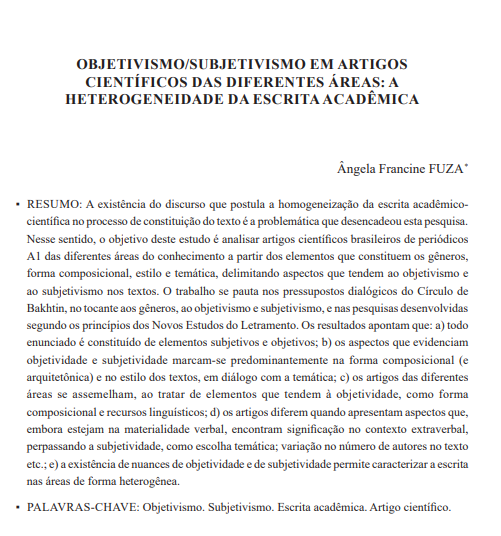 OBJETIVISMO/SUBJETIVISMO EM ARTIGOS CIENTÍFICOS DAS DIFERENTES ÁREAS: A HETEROGENEIDADE DA ESCRITA ACADÊMICA