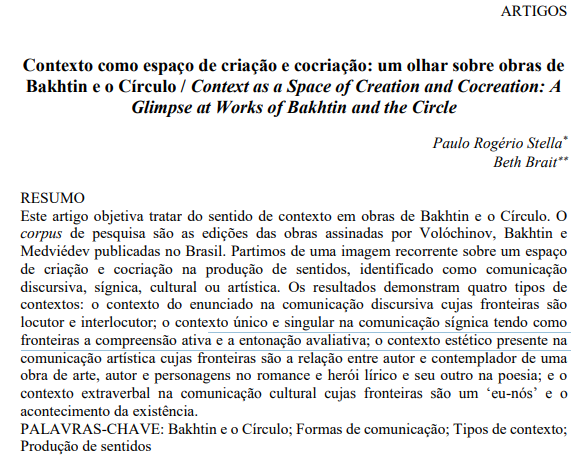 Contexto como espaço de criação e cocriação: um olhar sobre obras de Bakhtin e o Círculo / Context as a Space of Creation and Cocreation: A Glimpse at Works of Bakhtin and the Circle