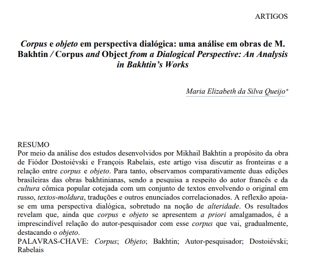 Corpus e objeto em perspectiva dialógica: uma análise em obras de M. Bakhtin / Corpus and Object from a Dialogical Perspective: An Analysis in Bakhtin’s Works