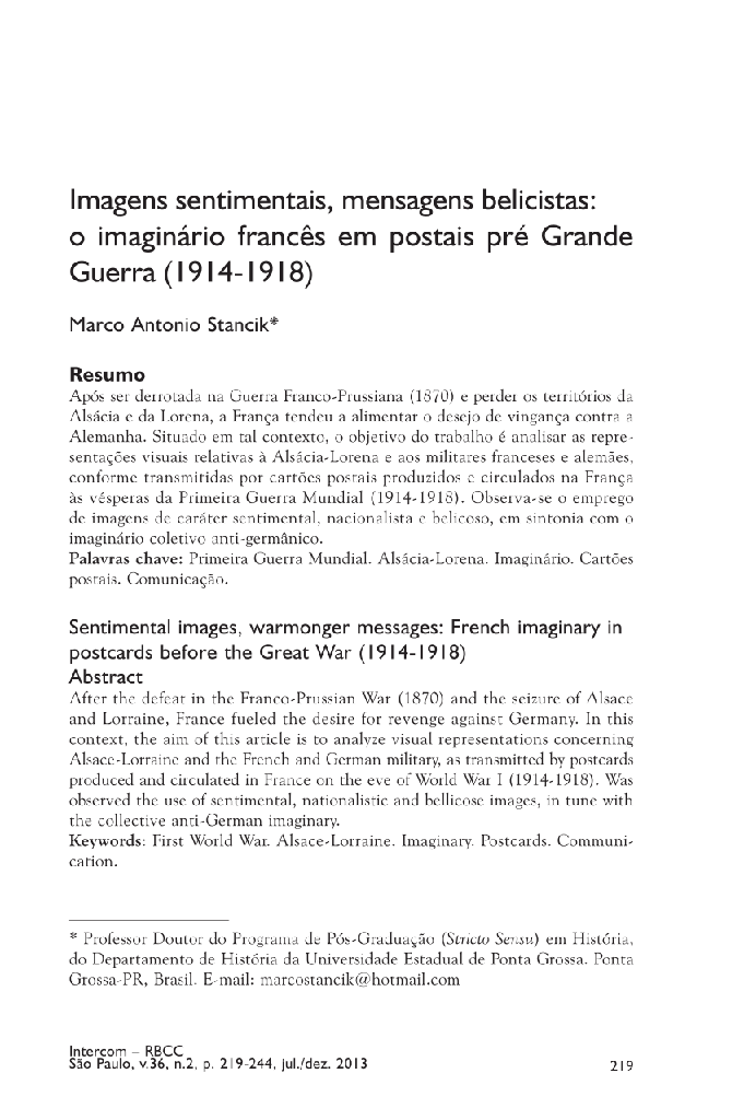 Imagens sentimentais, mensagens belicistas: o imaginário francês em postais pré Grande Guerra (1914-1918)