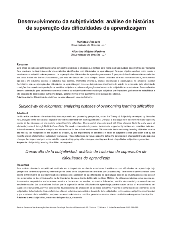 Desenvolvimento da subjetividade: análise de histórias de superação das dificuldades de aprendizagem