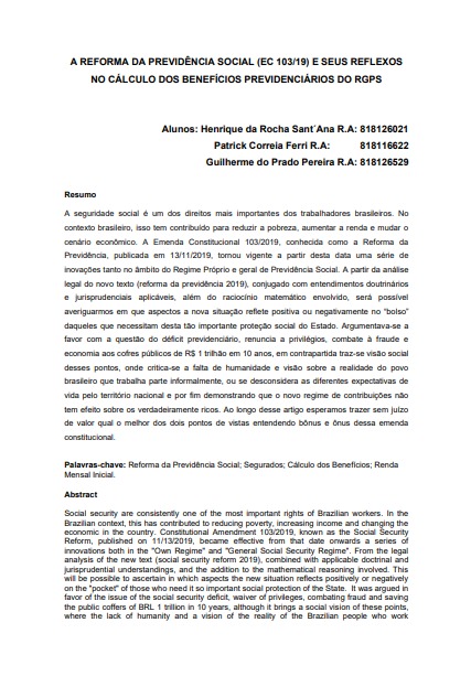A reforma da previdência social (EC 103/19) e seus reflexos no cálculo dos benefícios previdenciários do RGPS