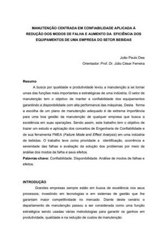 Manutenção centrada em confiabilidade aplicada à redução dos modos de falha e aumento da eficiência dos equipamentos de uma empresa do setor bebidas