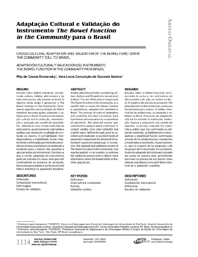 Adaptação cultural e validação do instrumento The Bowel Function in the Community para o Brasil