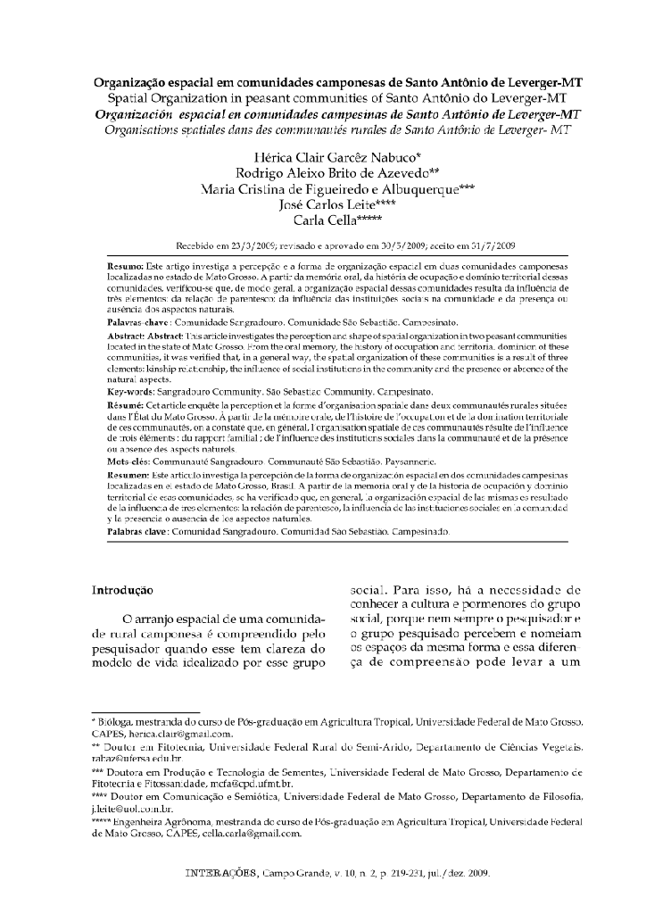 Organização espacial em comunidades camponesas de Santo Antônio de Leverger-MT