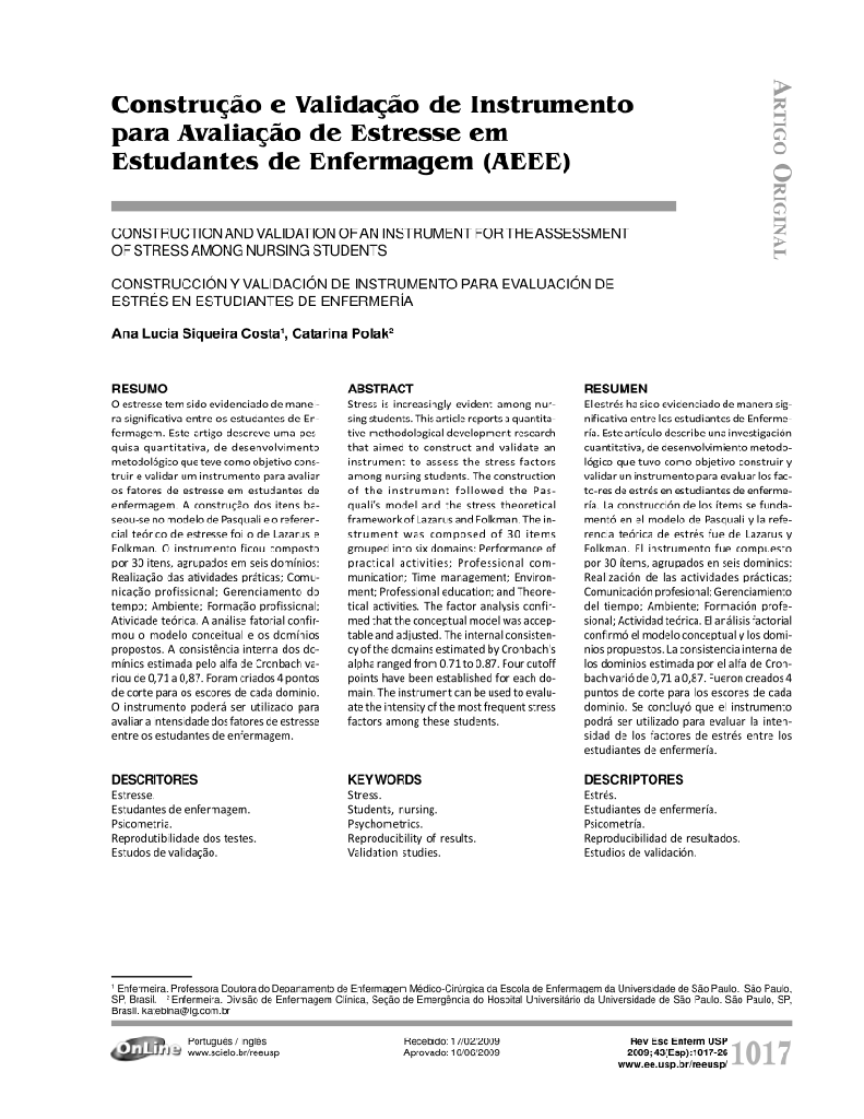 Construção e validação de instrumento para Avaliação de Estresse em Estudantes de Enfermagem (AEEE)
