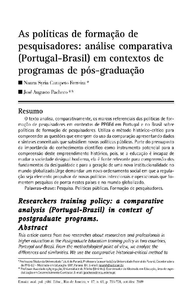 As políticas de formação de pesquisadores: análise comparativa (Portugal-Brasil) em contextos de programas de pós-graduação