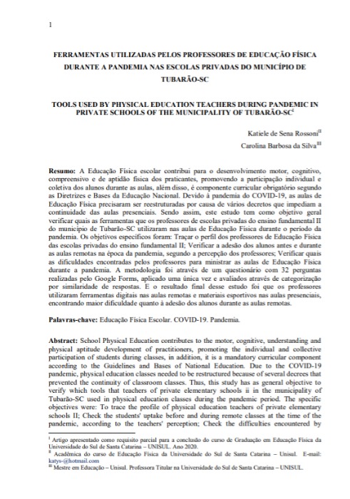 Ferramentas utilizadas pelos professores de educação física durante a pandemia nas escolas privadas do município de Tubarão-SC