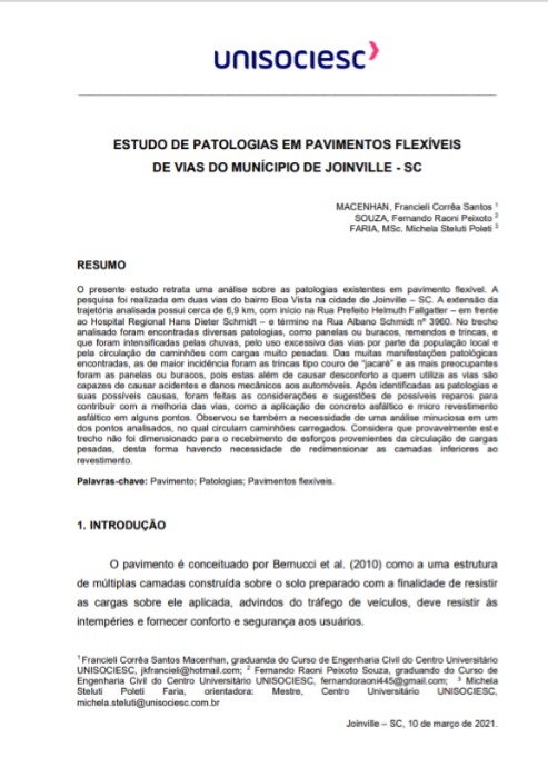 Estudo de patologias em pavimentos flexíveis de vias do munícipio de Joinville - SC