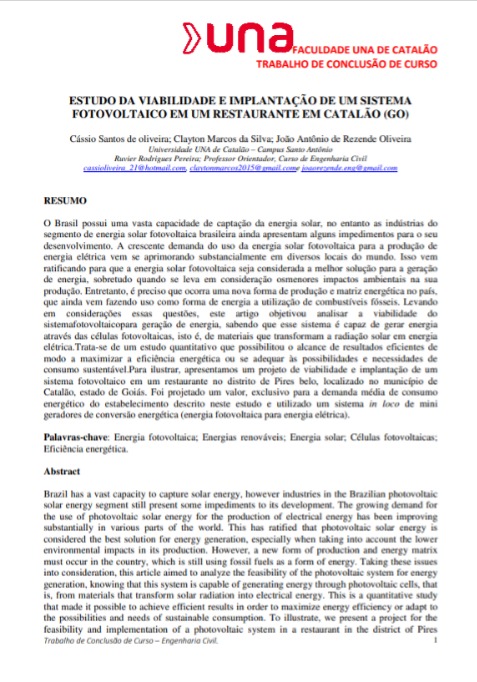 Estudo da viabilidade e implantação de um sistema fotovoltaico em um restaurante em Catalão (GO)