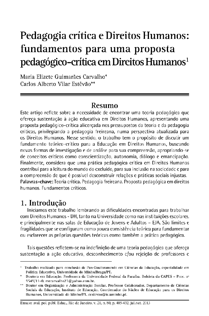 Pedagogia crítica e Direitos Humanos: fundamentos para uma proposta pedagógico-crítica em Direitos Humanos