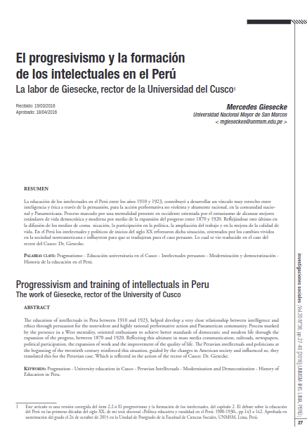 El progresivismo y la formación de los intelectuales en el Perú- La labor de Giesecke, rector de la Universidad del Cusco