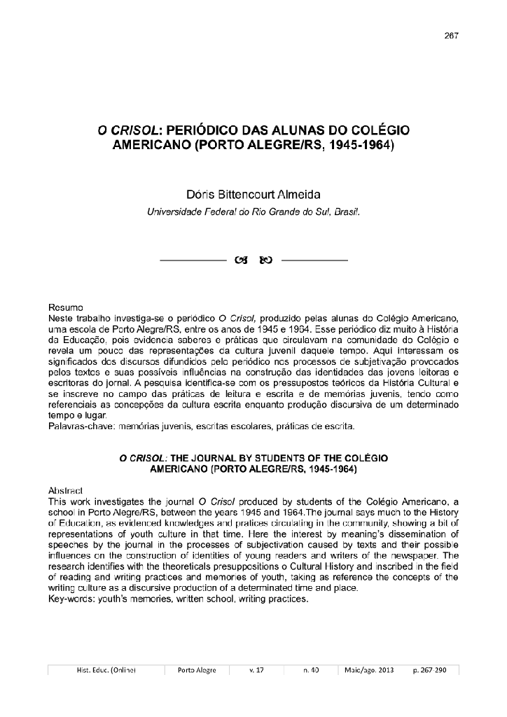 O Crisol: periódico das alunas do Colégio Americano (Porto Alegre/RS, 1945-1964)