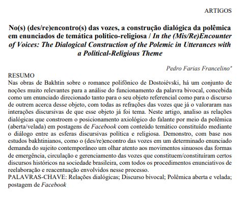 No(s) (des/re)encontro(s) das vozes, a construção dialógica da polêmica em enunciados de temática político-religiosa / In the (Mis/Re)Encounter of Voices: The Dialogical Construction of the Polemic in Utterances with a Political-Religious Theme