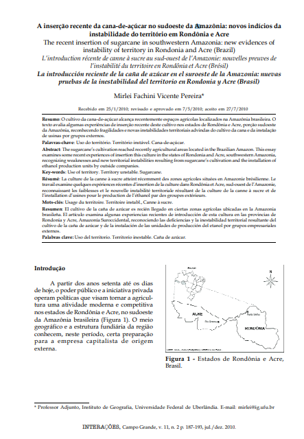 A inserção recente da cana-de-açúcar no sudoeste da Amazônia: novos indícios da instabilidade do território em Rondônia e Acre