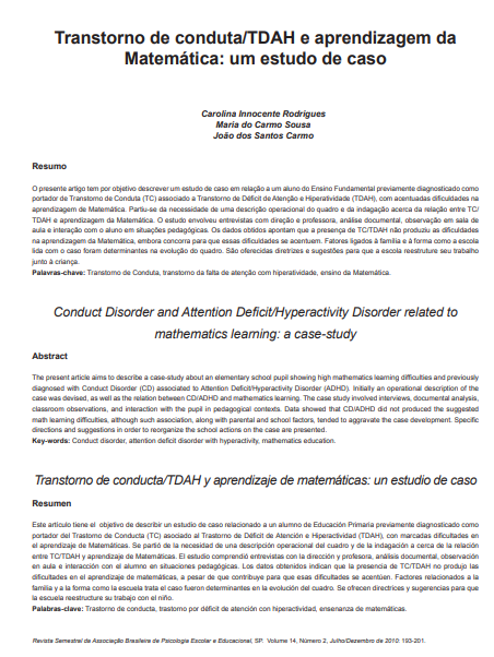 Transtorno de conduta/TDAH e aprendizagem da Matemática: um estudo de caso