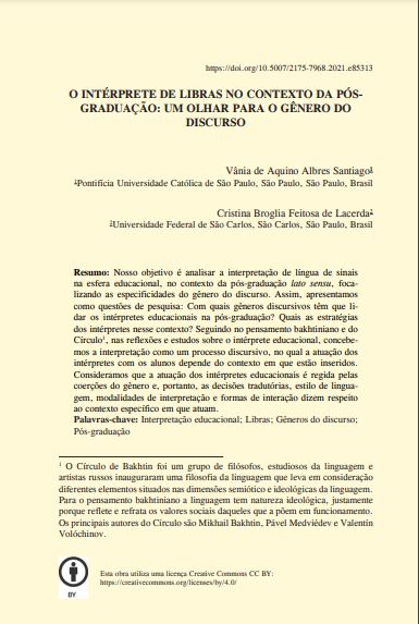 O INTÉRPRETE DE LIBRAS NO CONTEXTO DA PÓSGRADUAÇÃO: UM OLHAR PARA O GÊNERO DO DISCURSO