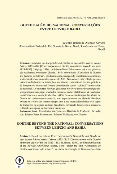 GOETHE ALÉM DO NACIONAL: CONVERSAÇÕES ENTRE LEIPZIG E BAHIA