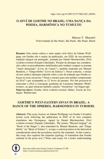 O DIVÃ DE GOETHE NO BRASIL: UMA DANÇA DA POESIA, HARMÔNICA NO TUMULTO