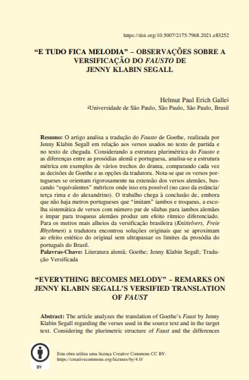 “E TUDO FICA MELODIA” – OBSERVAÇÕES SOBRE A VERSIFICAÇÃO DO FAUSTO DE JENNY KLABIN SEGALL