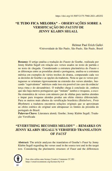 “E TUDO FICA MELODIA” – OBSERVAÇÕES SOBRE A VERSIFICAÇÃO DO FAUSTO DE JENNY KLABIN SEGALL