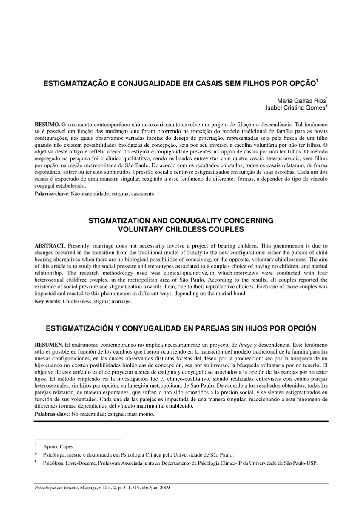 Estigmatização e conjugalidade em casais sem filhos por opção