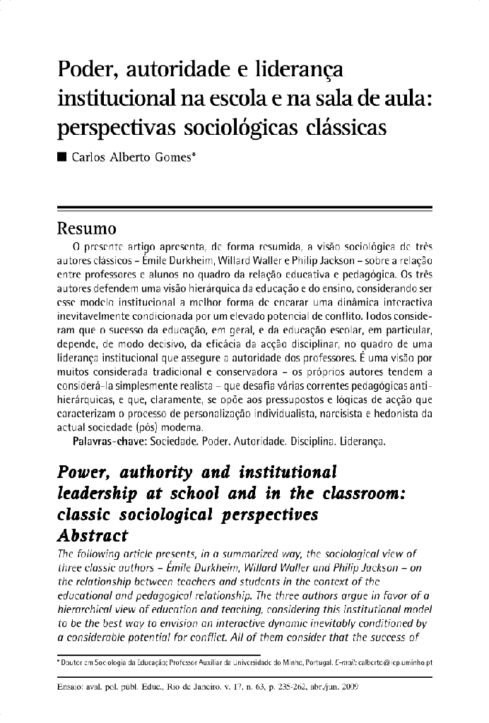 Poder, autoridade e liderança institucional na escola e na sala de aula: perspectivas sociológicas clássicas