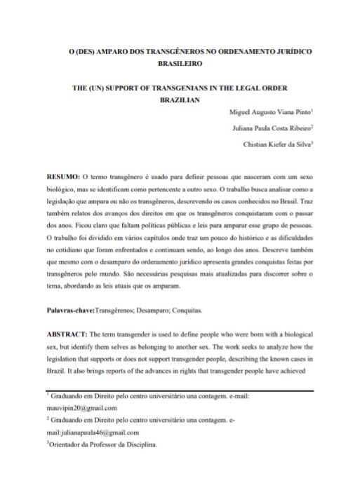 O (des) amparo dos transgêneros no ordenamento jurídico brasileiro