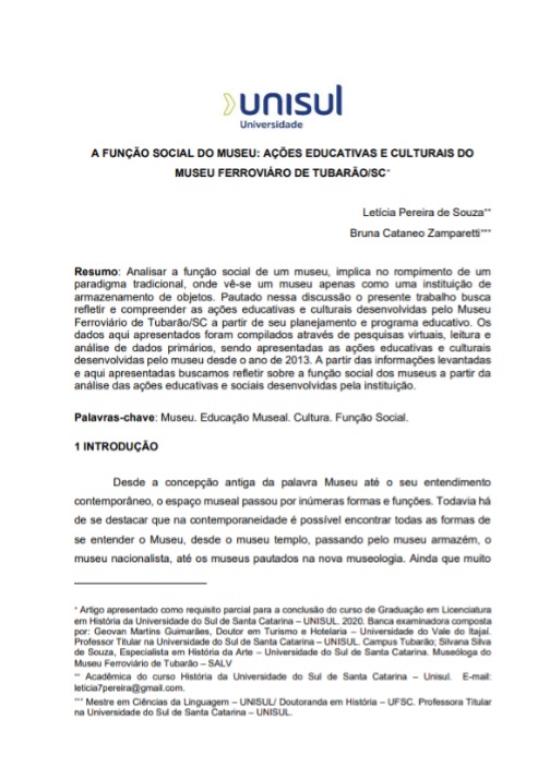 A função social do museu: ações educativas e culturais do museu ferroviáro de Tubarão/SC